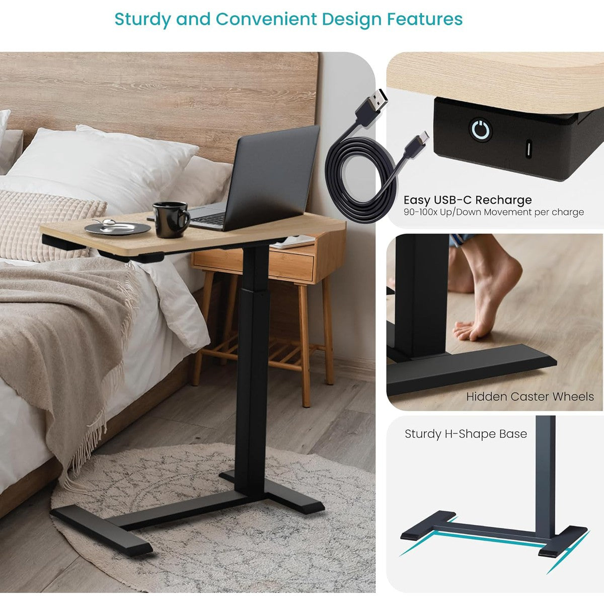 Electric Height Adjustable 360° Rotating Overbed Table with Hidden Caster